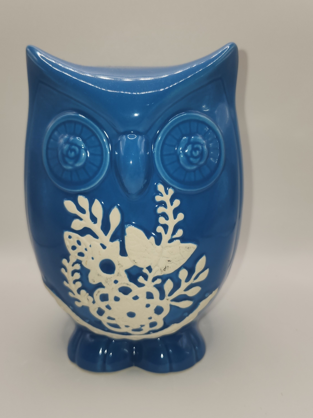 Ceramic Teal&Wht Floral Pattern Owl Figurine/ Home Decor/6.5in Tall/EUC